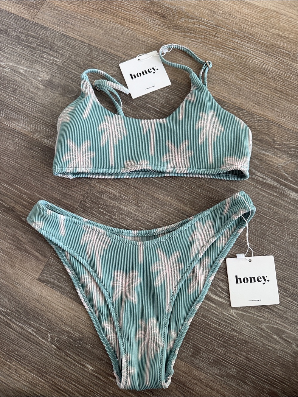 honey swim Palm Tree Ribbed Bikini Set in Seafoam Green